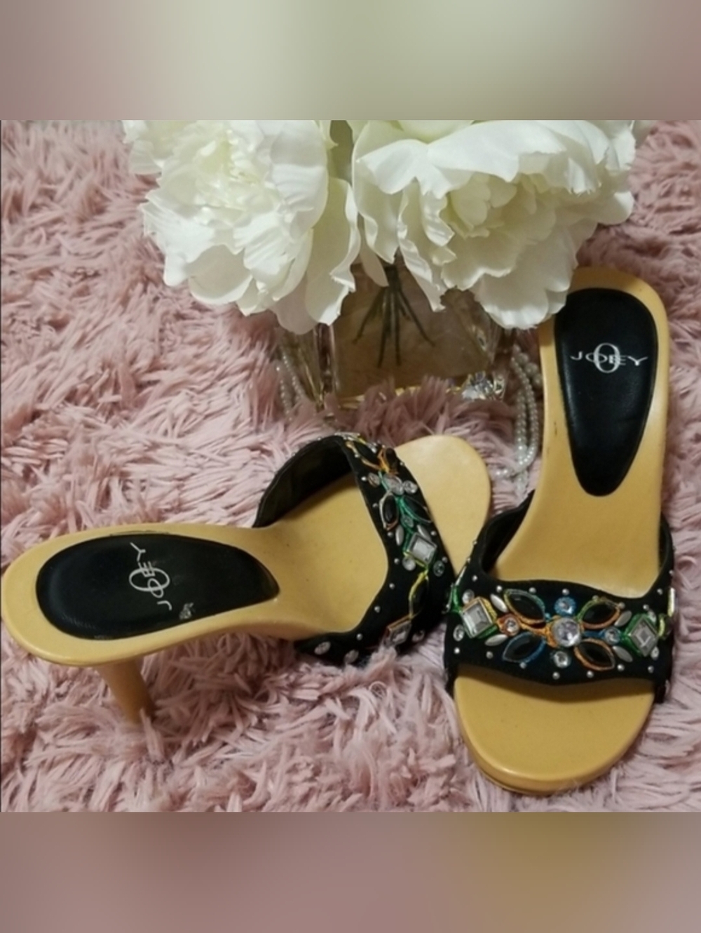 Joey Black Jeweled Boho Slides Heel Sandals Tan Footbed and Multicolor Stones